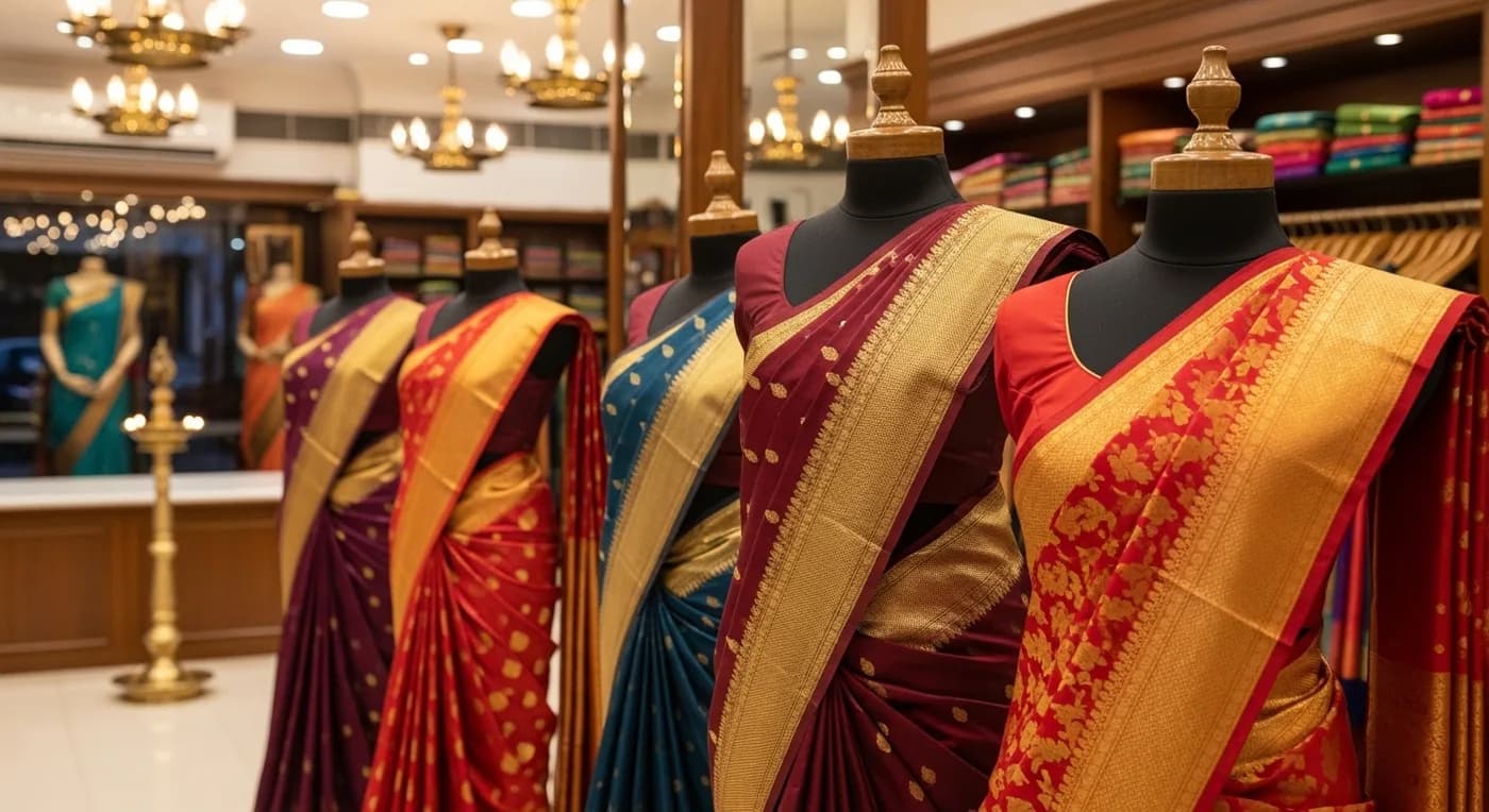 Bridal red Kanchipuram silk saree with pure gold zari border displayed for wedding shopping