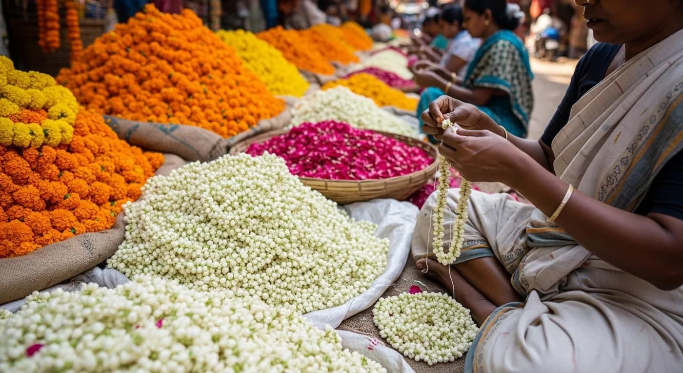 Jasmine and marigold garlands at Koyambedu flower market, Chennai