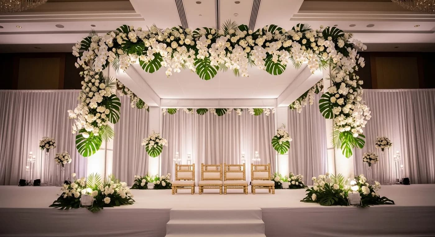 Decorated Chennai wedding venue with traditional kolam mandap