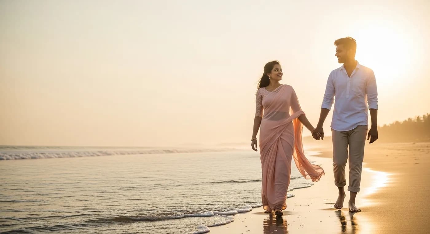 Couple walking along ECR beach at sunset near Mahabalipuram