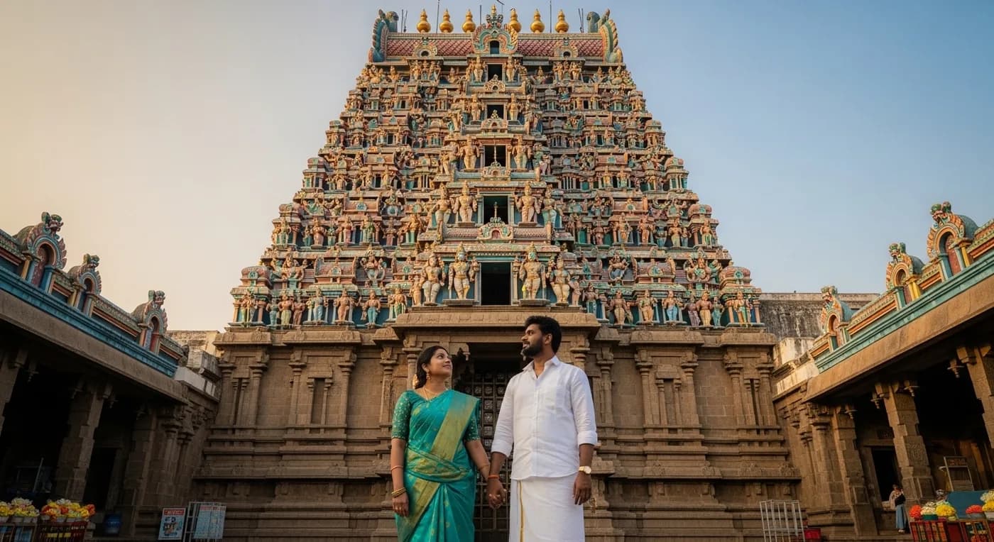 Heritage temple architecture in Mylapore, Chennai, for pre-wedding photography