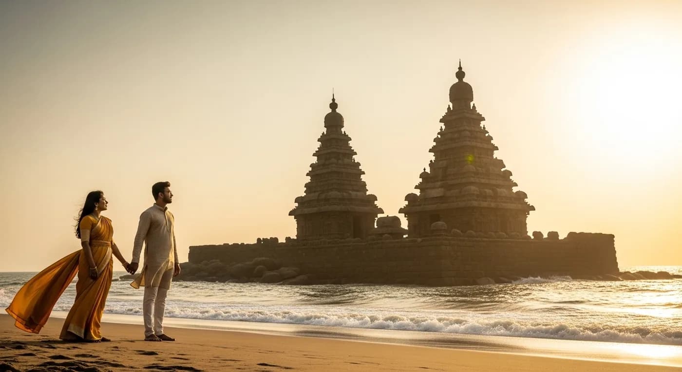 Shore Temple at Mahabalipuram during golden hour, popular for pre-wedding shoots