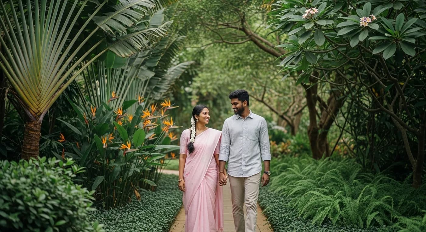 Couple amid lush greenery at a Chennai botanical garden