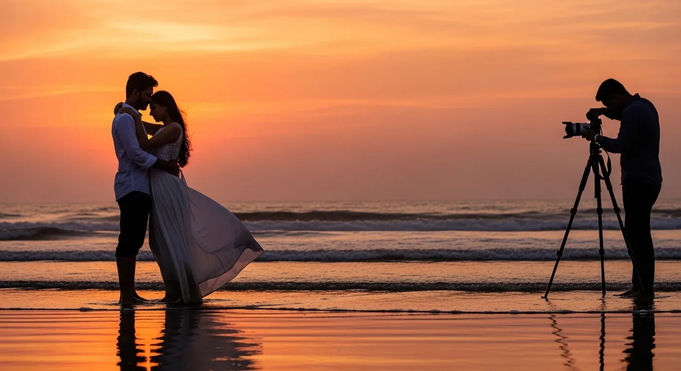 Couple posing at sunrise near the Shore Temple in Mahabalipuram during a pre-wedding photoshoot