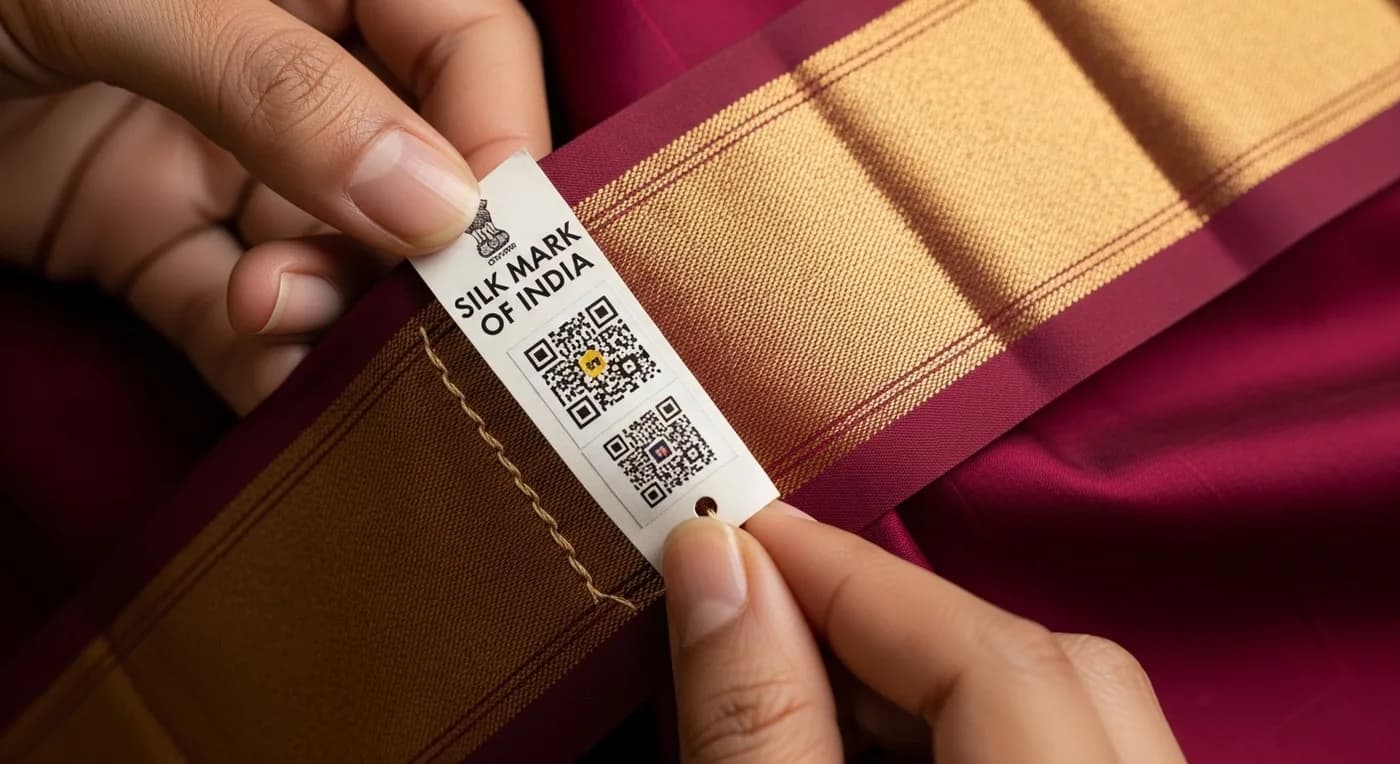 Silk Mark certification label with QR code on a Kanchipuram silk saree