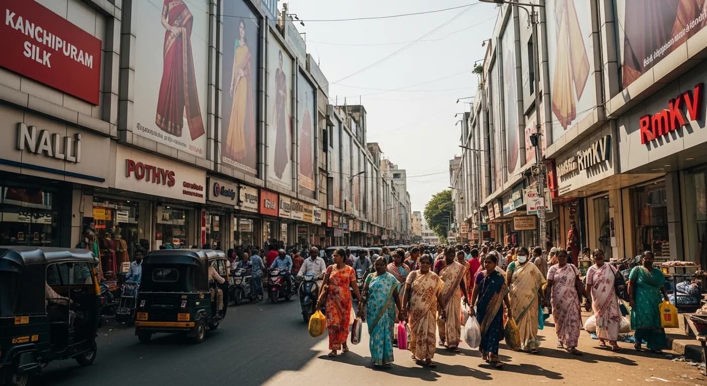 T. Nagar silk saree shopping street in Chennai with multiple showrooms