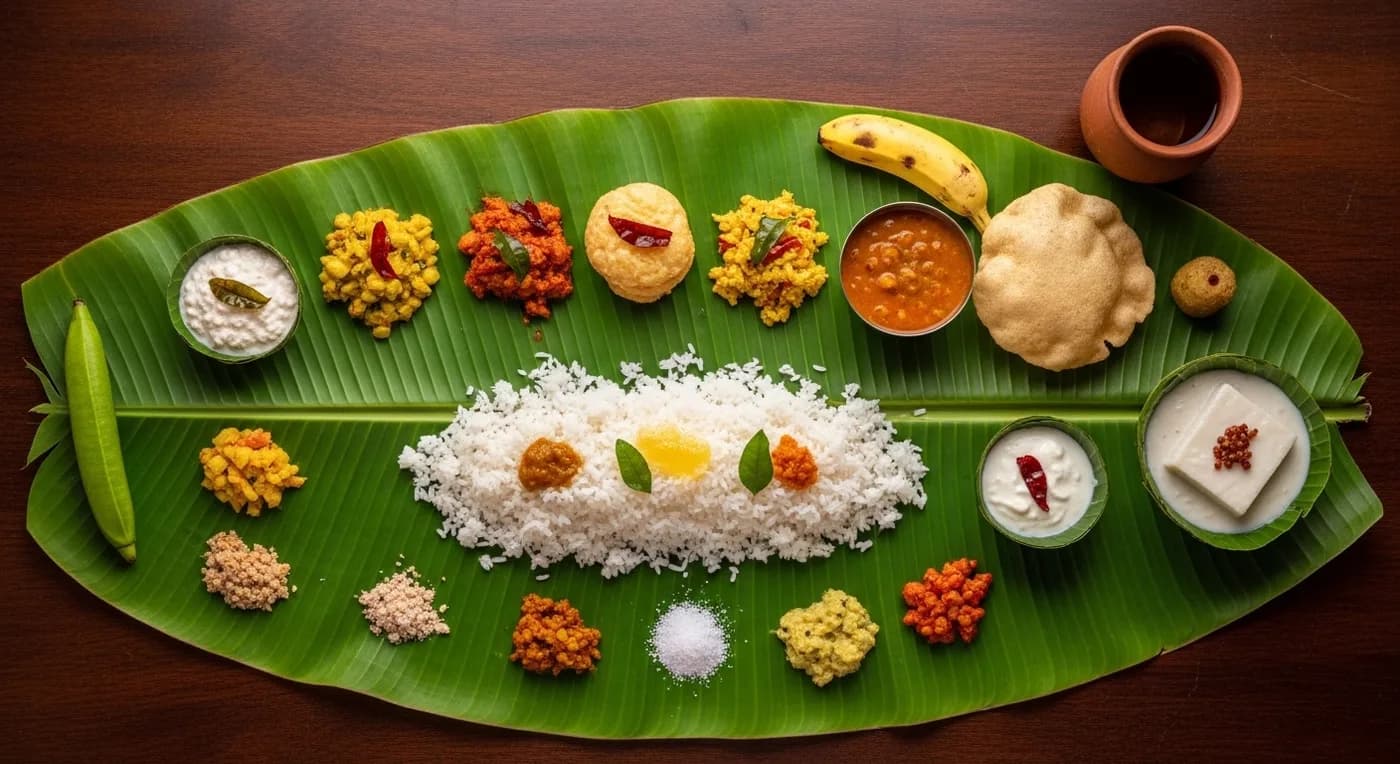Traditional Tamil wedding banana-leaf saapadu with all courses arranged in proper sequence