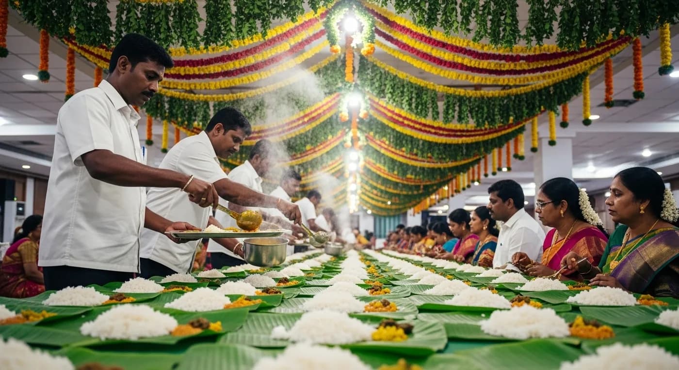 Traditional Tamil wedding banana-leaf saapadu being served at a Chennai kalyana mandapam