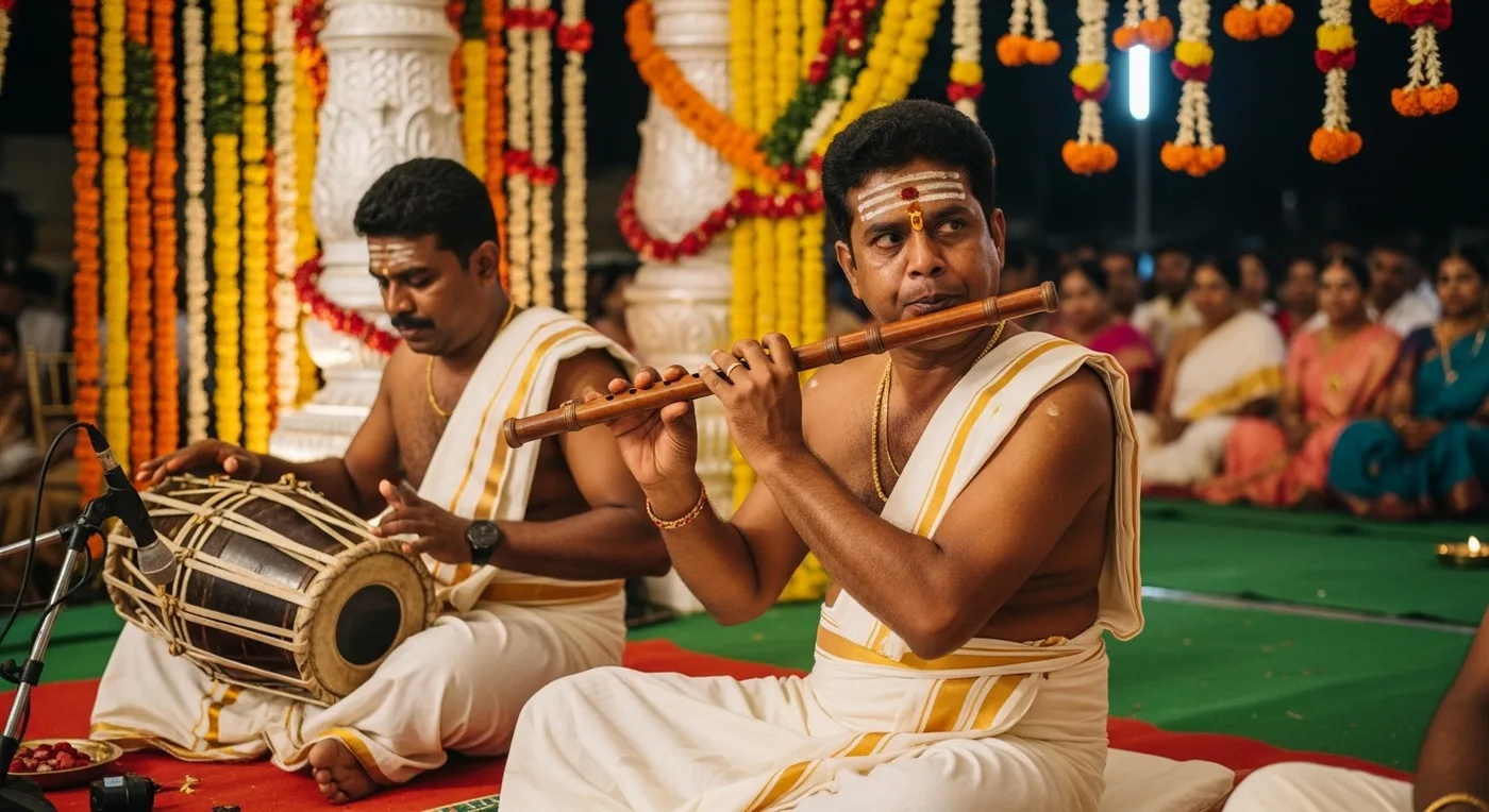 Nadaswaram and thavil musicians performing at a Chennai wedding ceremony