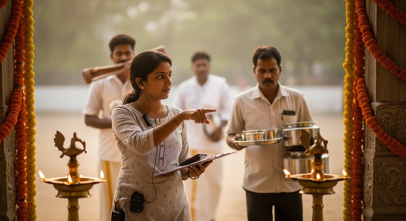 Chennai wedding planner managing vendor timeline at an early-morning muhurtham ceremony