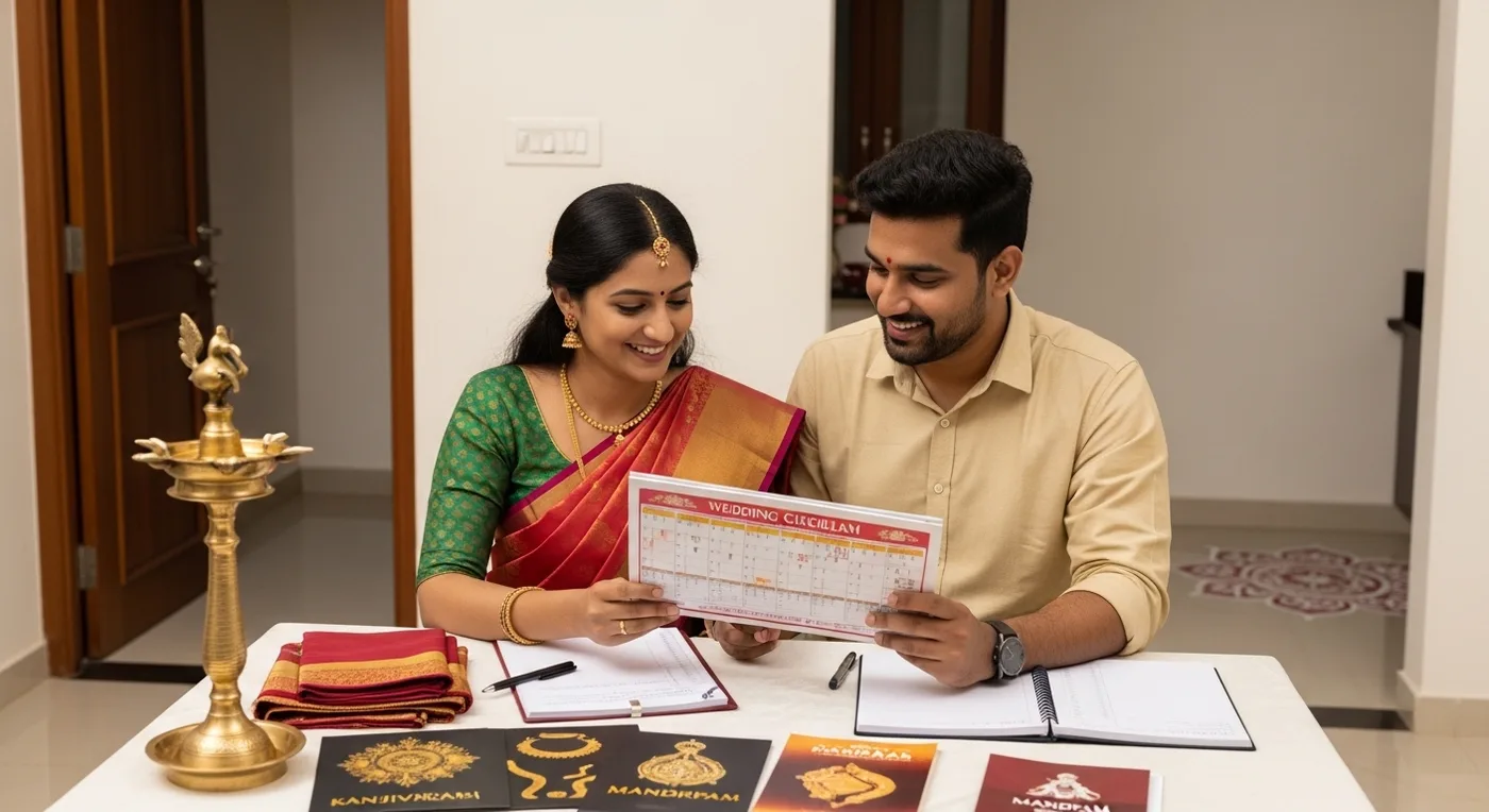 Chennai couple planning their Tamil wedding with checklist and calendar