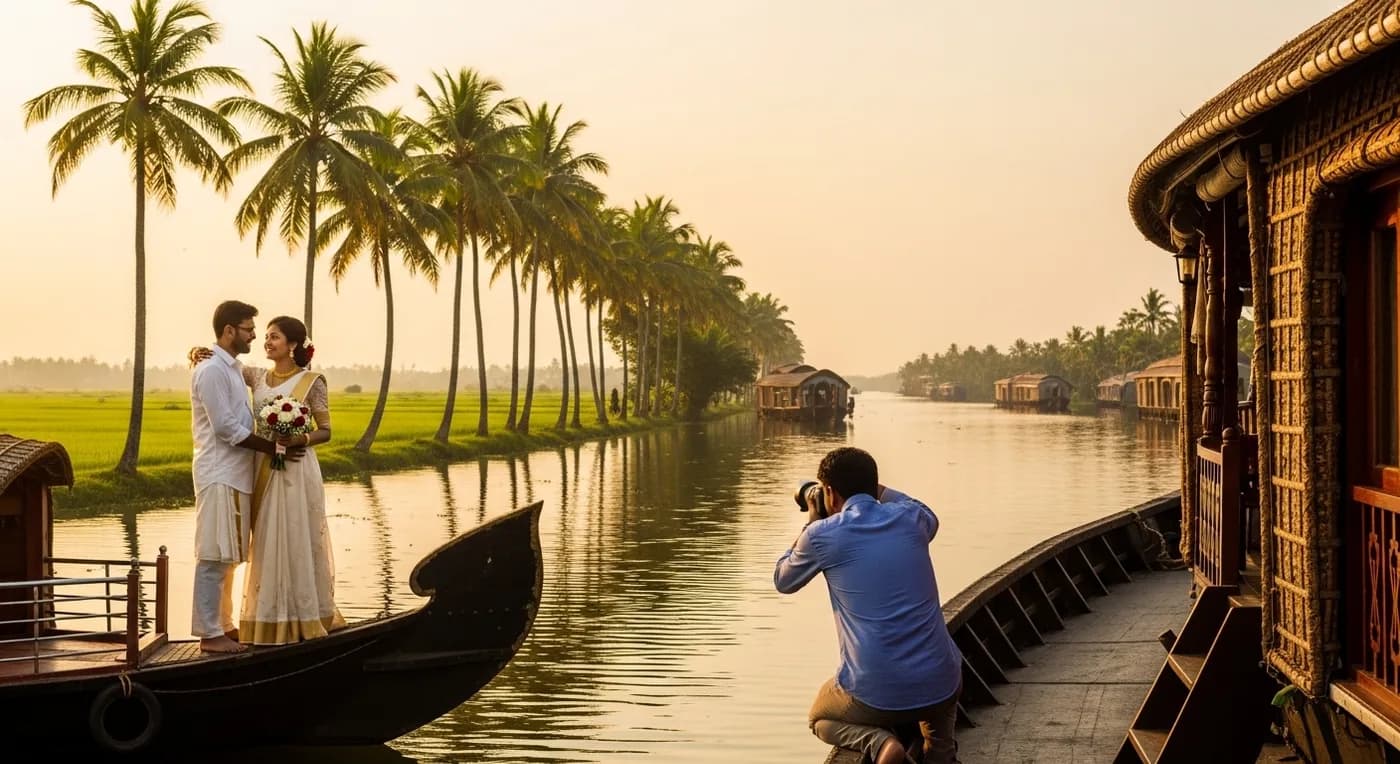 Wedding photographer capturing a candid moment at a Kerala ceremony