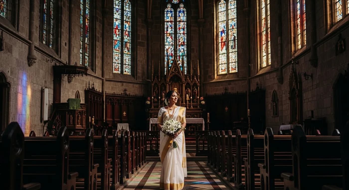 Kerala Christian bride in white saree during church wedding ceremony