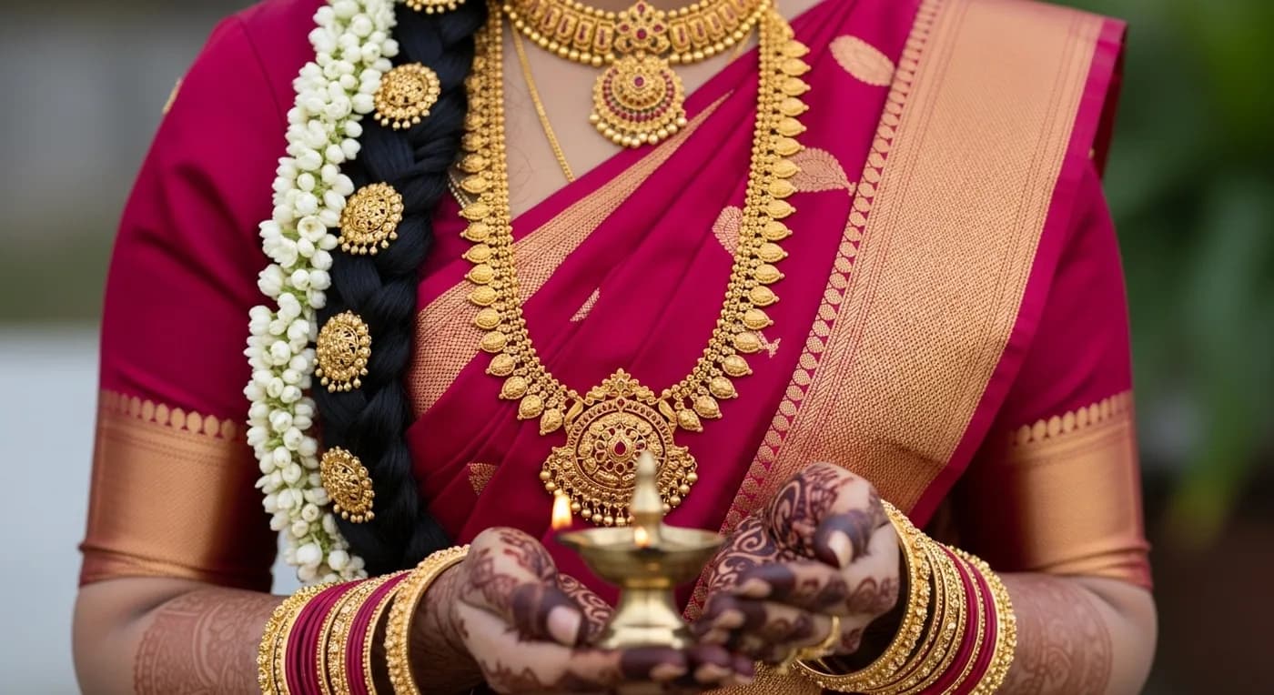 Coimbatore bride in traditional silk saree with gold jewellery