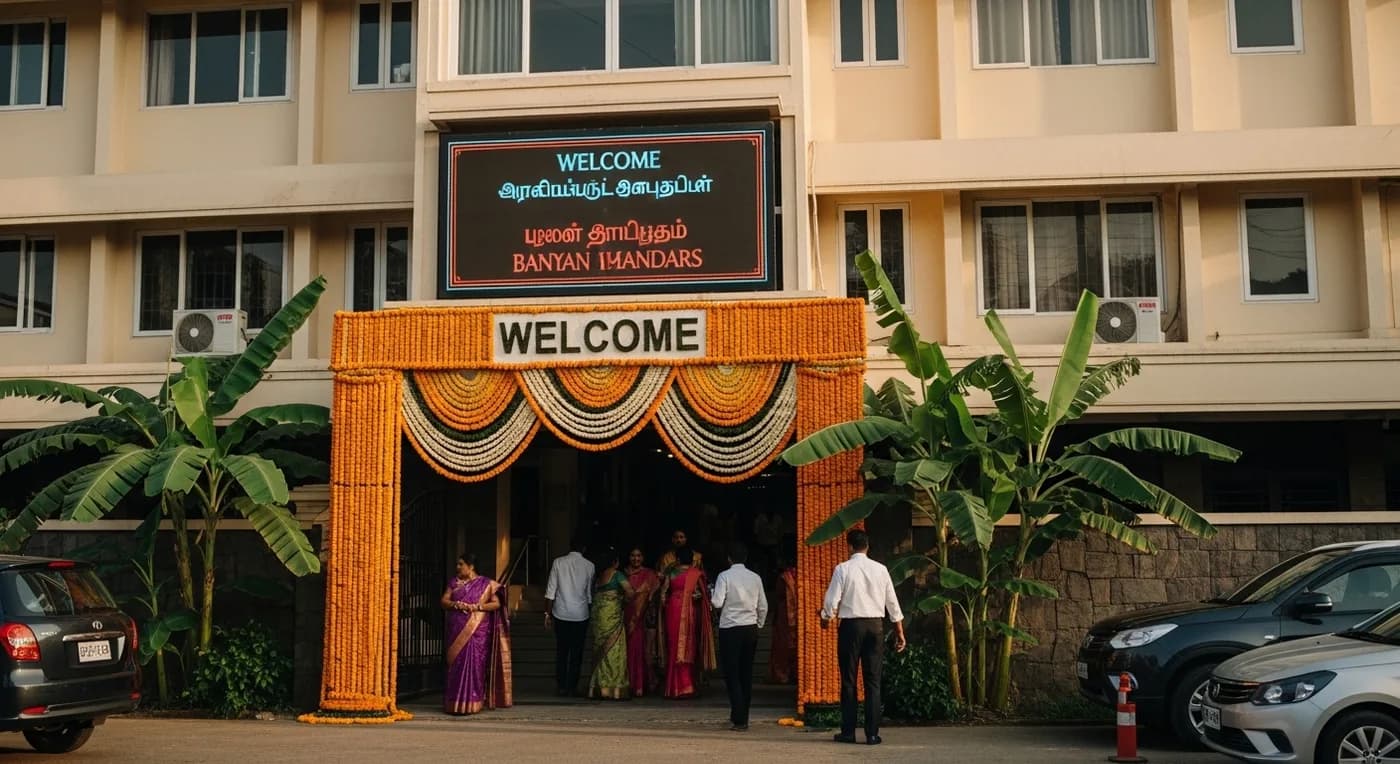 Coimbatore marriage hall interior with traditional kolam and banana trunk decorations