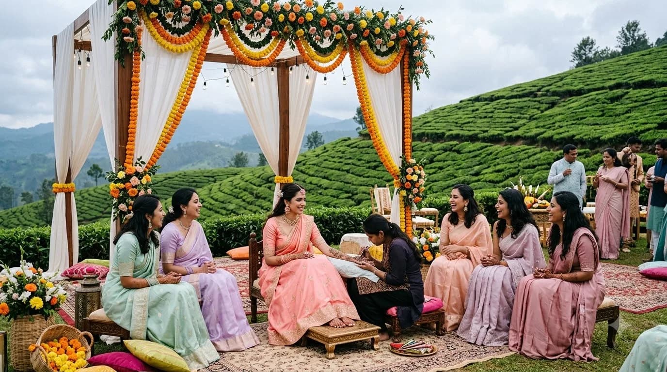 Coonoor tea estate wedding ceremony with mehendi setup in Nilgiris
