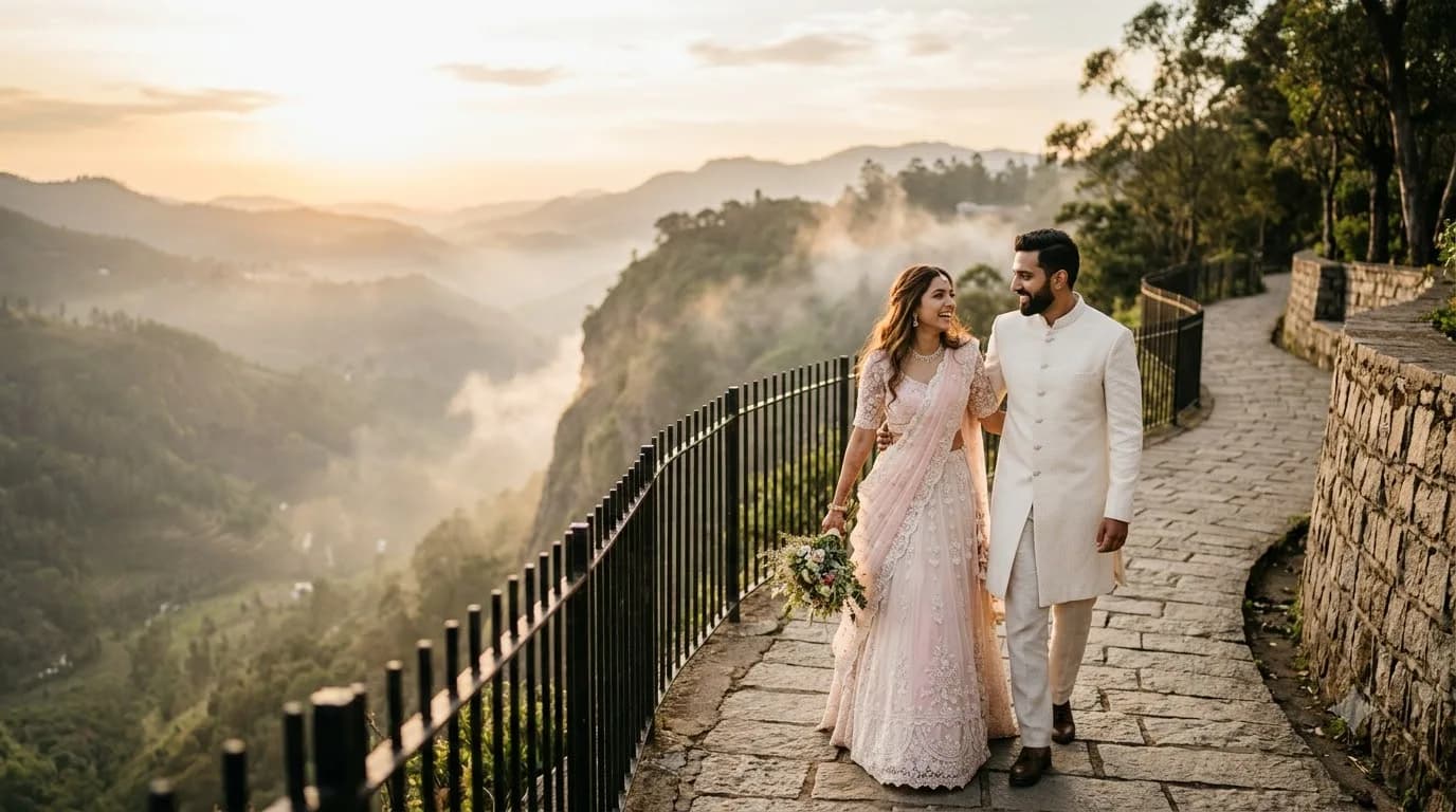 Pre-wedding photography at Coaker's Walk Kodaikanal with valley views