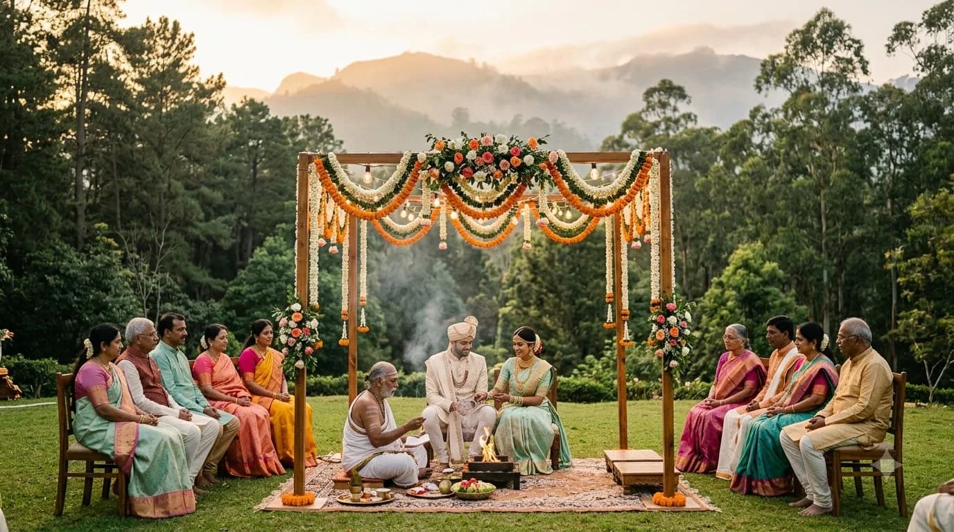 Wedding ceremony at a Kodaikanal hill resort with pine forest backdrop