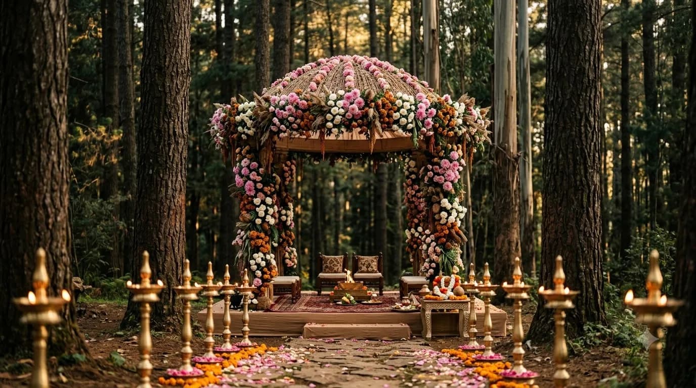 Pine forest mandap setup at a Kodaikanal hill resort wedding ceremony