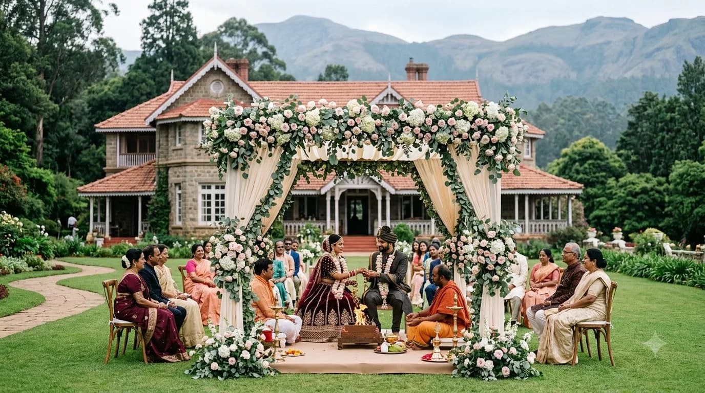 Wedding ceremony at a colonial heritage venue in Ooty with Nilgiris hills backdrop