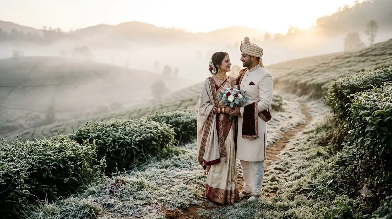 Ooty frost morning wedding photography with mist on tea estates
