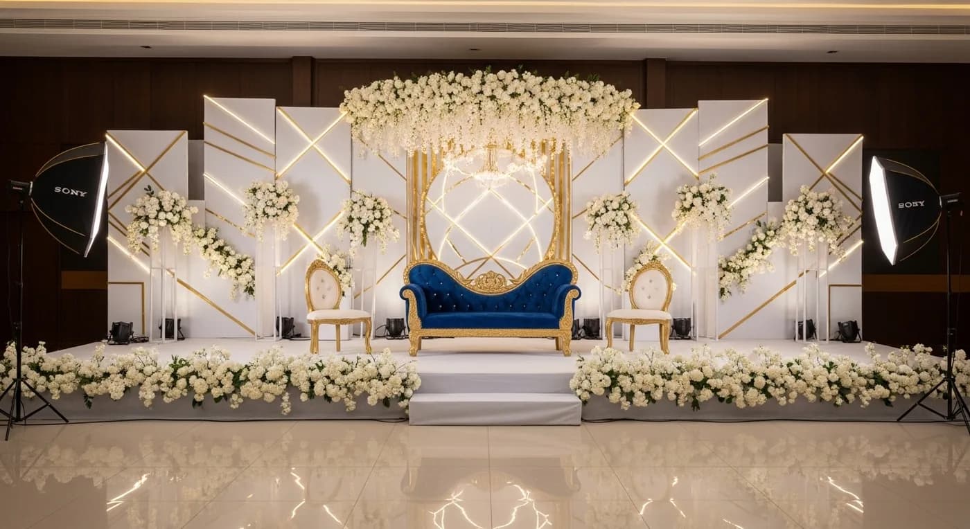 Premium marriage hall in Coimbatore with pillarless convention hall and LED stage setup for wedding reception