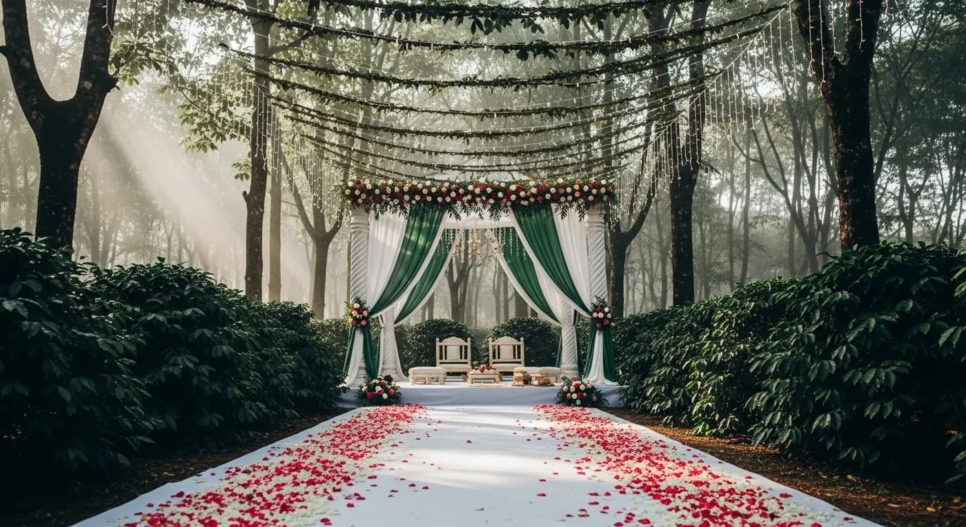 Wedding ceremony mandap set up in a Coorg coffee plantation grove with fairy lights and natural canopy