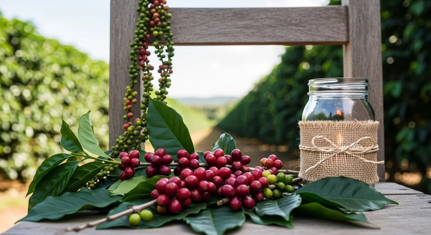 Natural coffee plantation wedding decor with coffee branch centrepieces and fairy lights