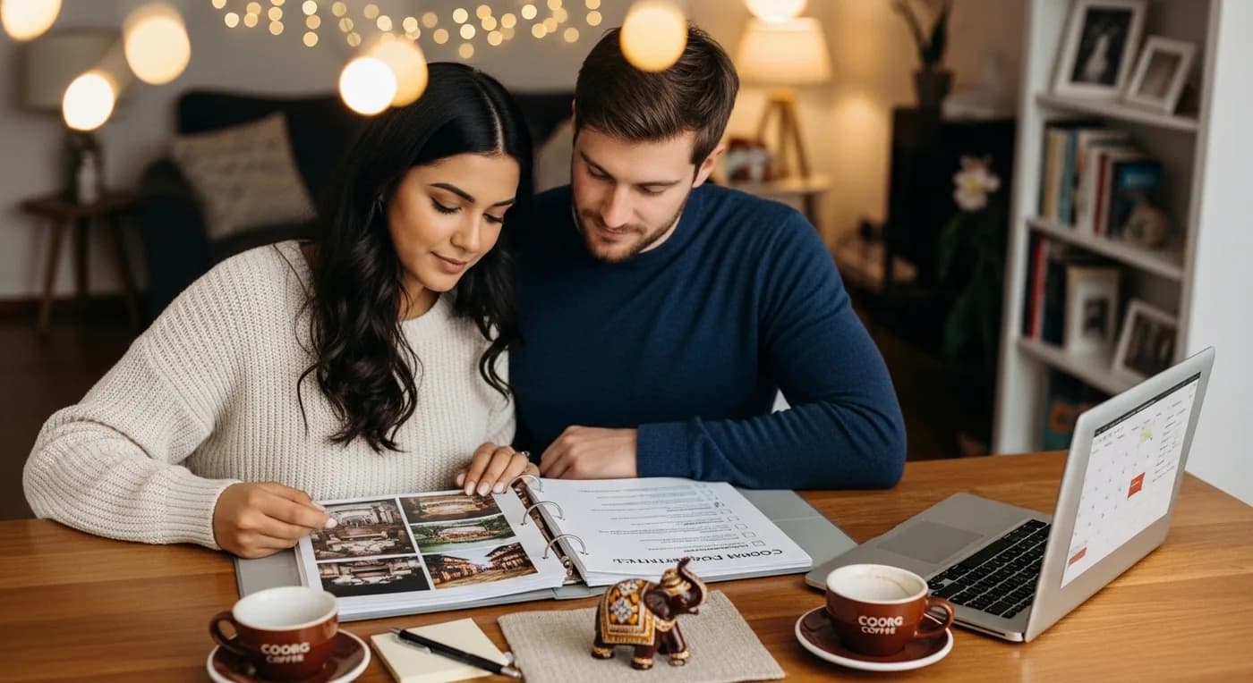 Couple reviewing their Coorg destination wedding planning checklist with venue photos and timeline notes