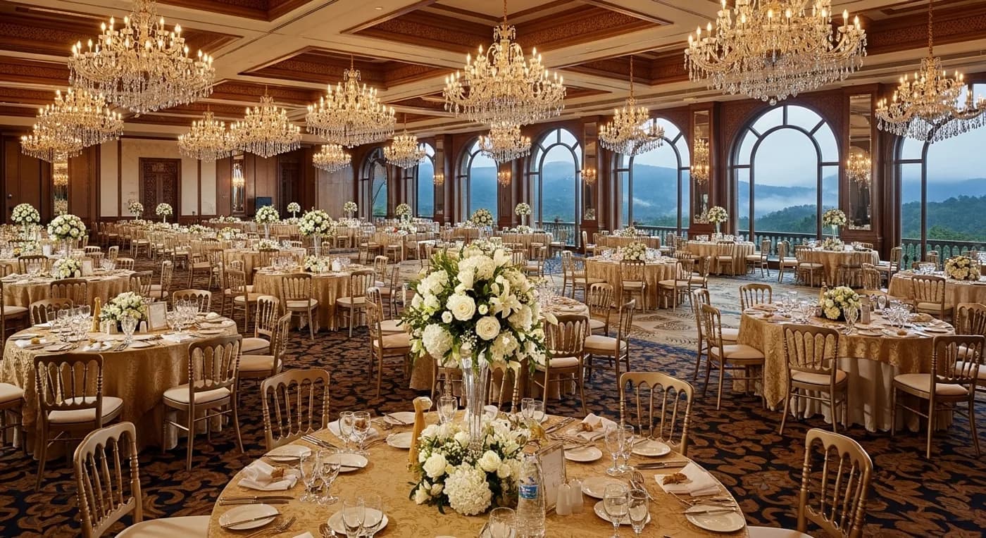 Taj Madikeri Resort and Spa wedding banquet hall with mountain views