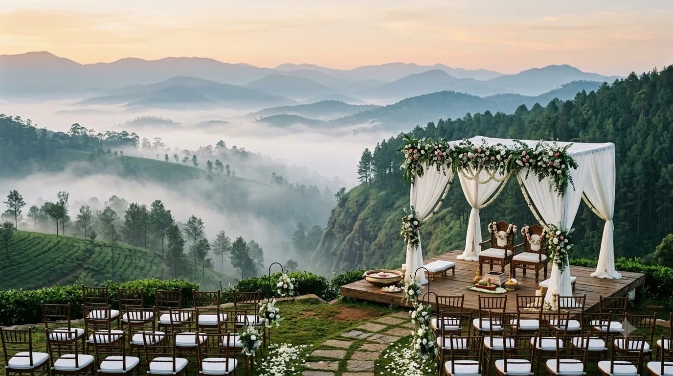 Western Ghats hill station with seasonal weather and wedding ceremony setup