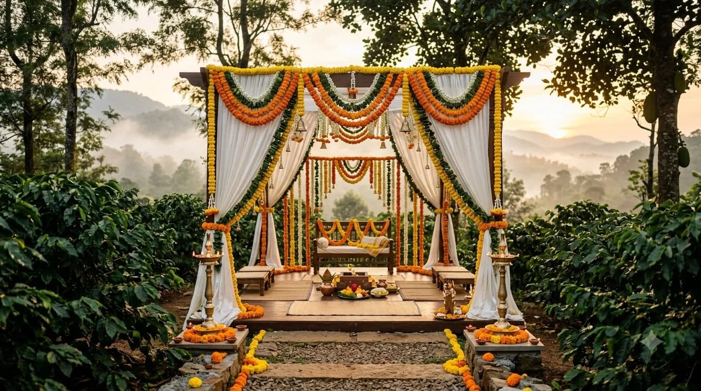 Coorg coffee plantation wedding mandap with hill station backdrop