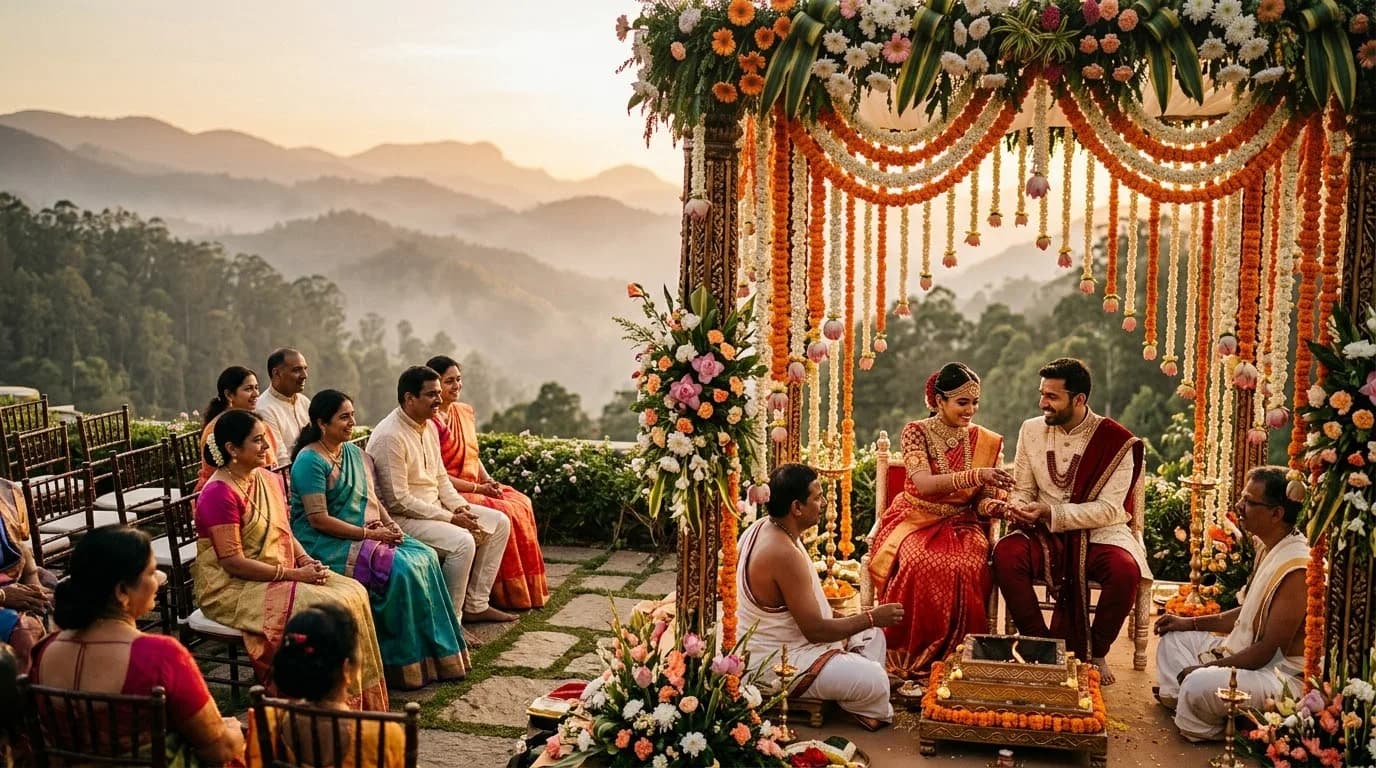 Destination wedding ceremony at a South India hill station resort with misty mountain backdrop