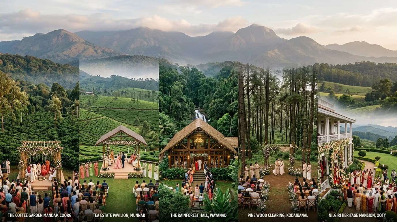 Five South India hill station wedding venues at Coorg, Munnar, Wayanad, Kodaikanal, and Ooty