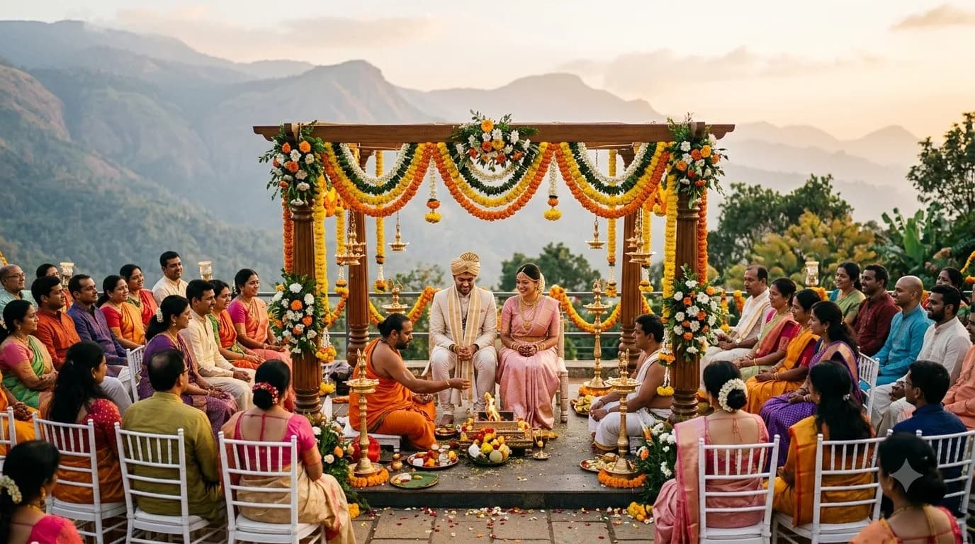 Intimate 50-guest destination wedding setup in South India hill resort