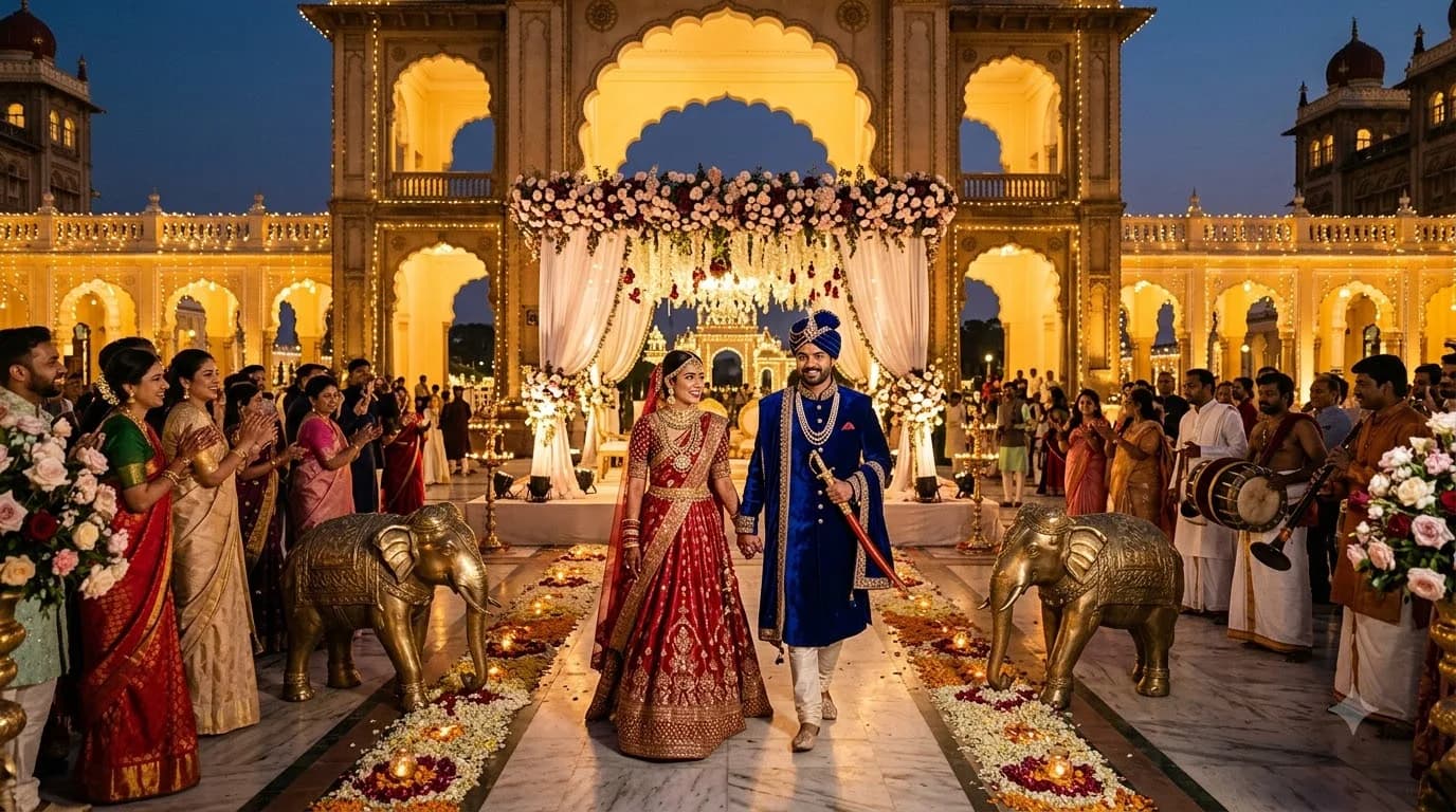 Luxury palace destination wedding in South India with grand mandap setup