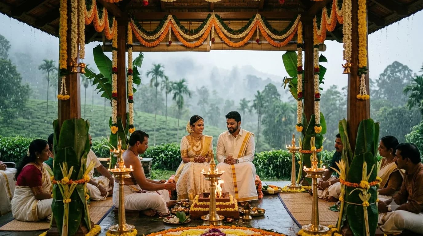 Monsoon wedding Kerala covered mandap setup with rain ambience