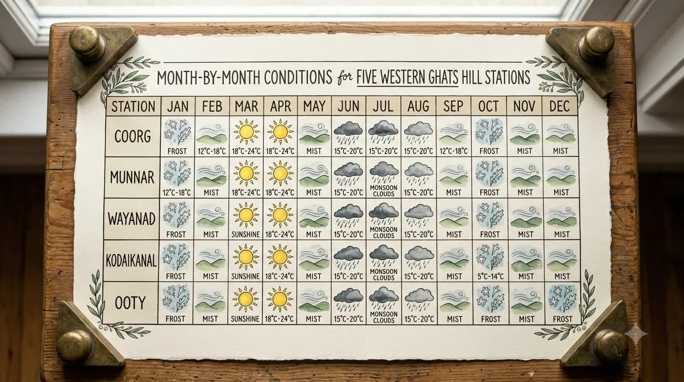 Month-by-month wedding weather chart for Western Ghats hill stations