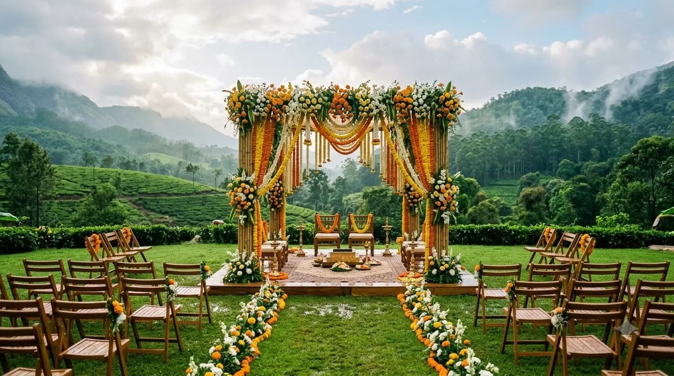 September shoulder season wedding setup at South India hill station