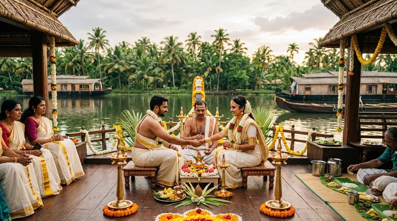 South India backwater wedding at Kumarakom Kerala with palm-fringed houseboat ceremony setup
