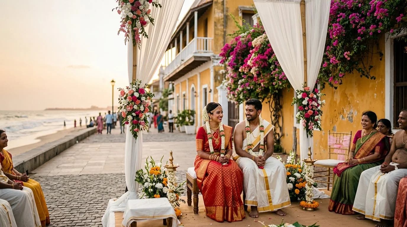 South India beach wedding at Pondicherry French Quarter promenade with colonial architecture backdrop