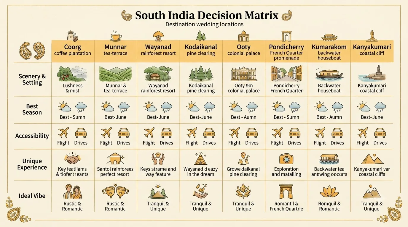 Decision matrix overview comparing eight South India destination wedding locations across vibe, capacity and budget