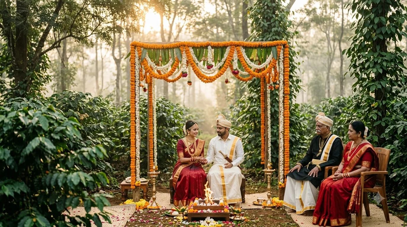South India hill station wedding ceremony at a Coorg coffee plantation venue with morning mist