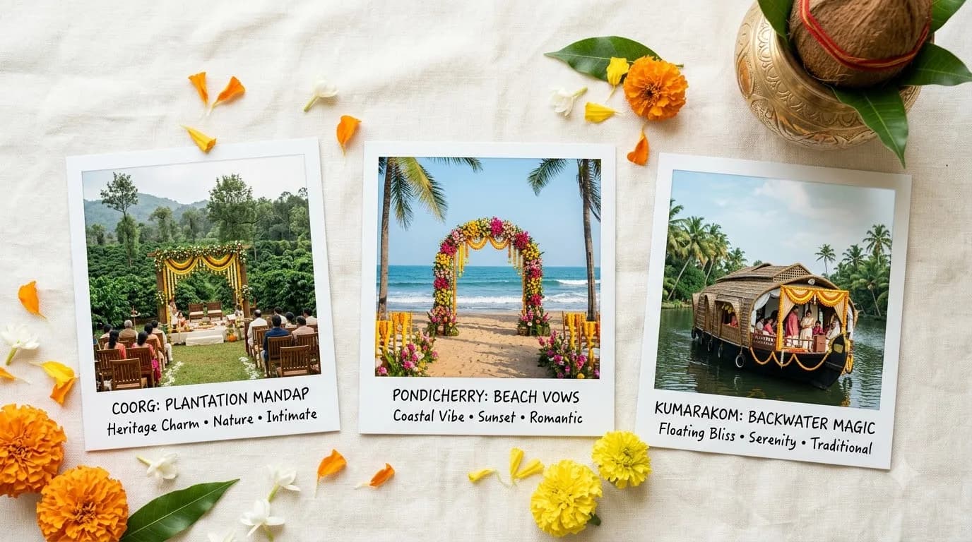Decorative comparison illustration of South India wedding venue types showing hill, beach and backwater settings