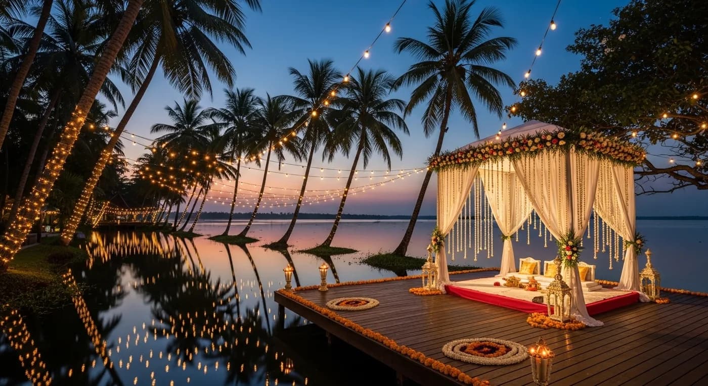 Luxury backwater resort wedding setup in Kumarakom with sunset lighting