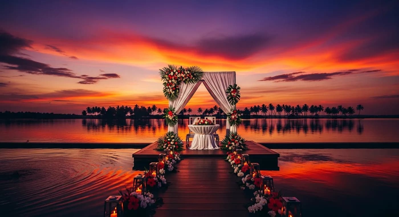 Cost of destination wedding in Kerala with decorated backwater venue and floral mandap