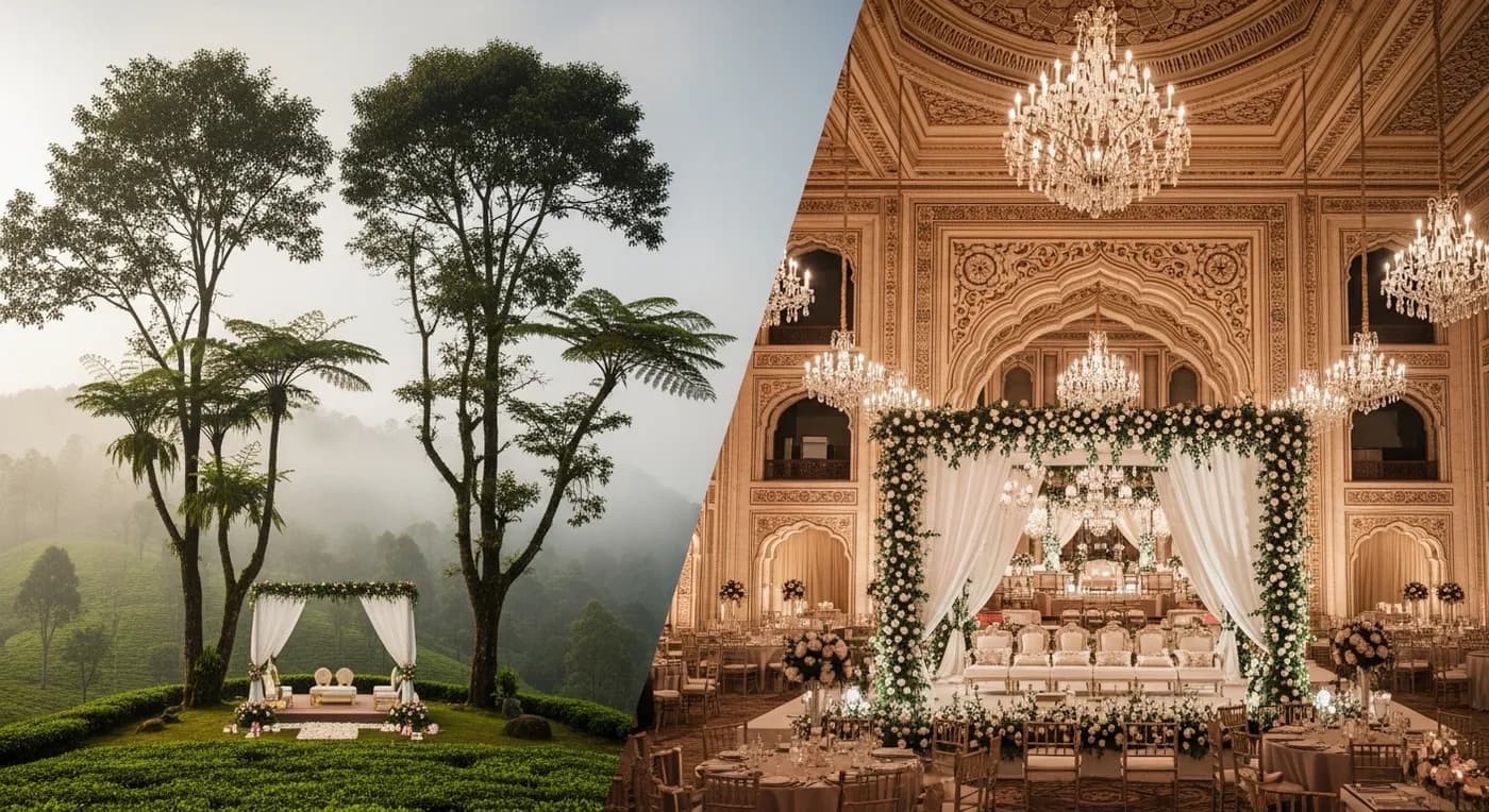 Split comparison showing a misty Coorg coffee plantation wedding on the left and a grand Hyderabad heritage venue wedding on the right