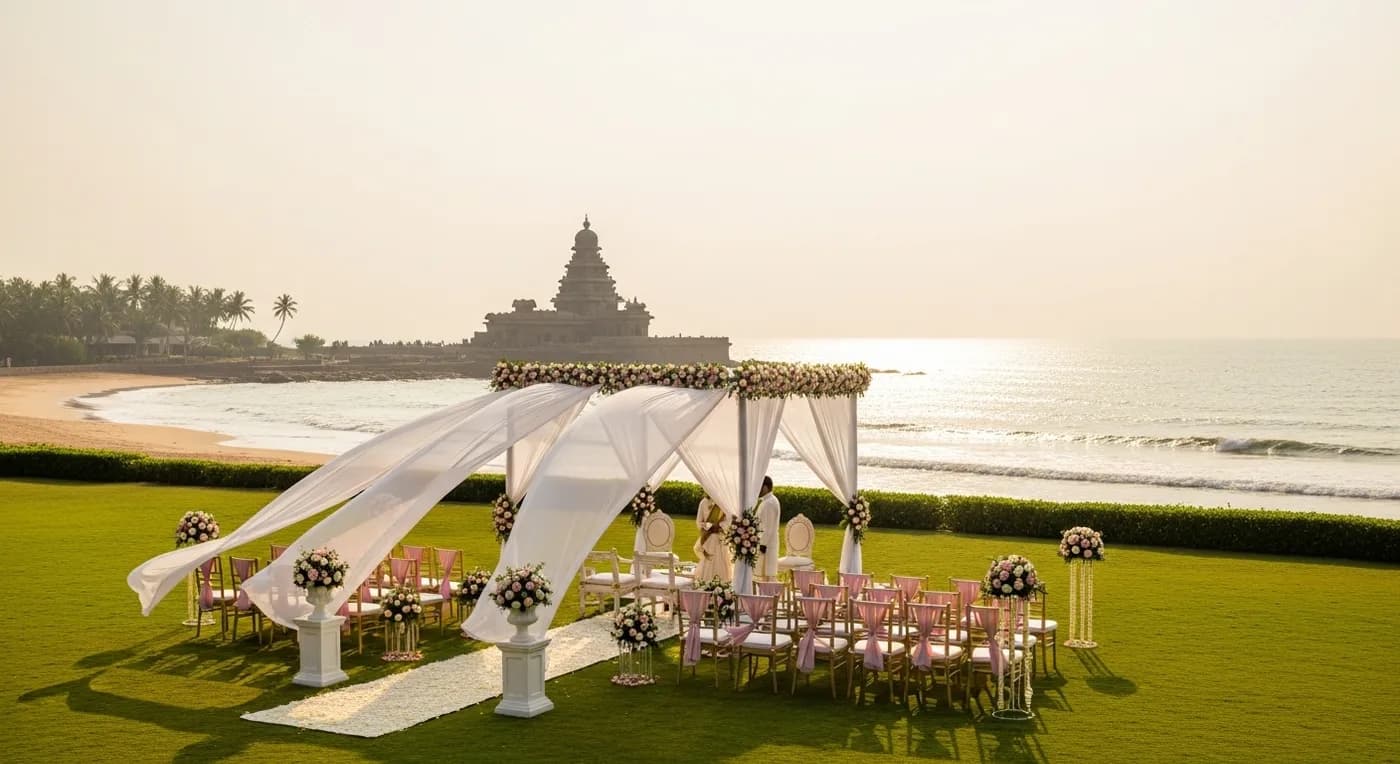 Destination wedding ceremony at a Mahabalipuram beach resort with ocean view