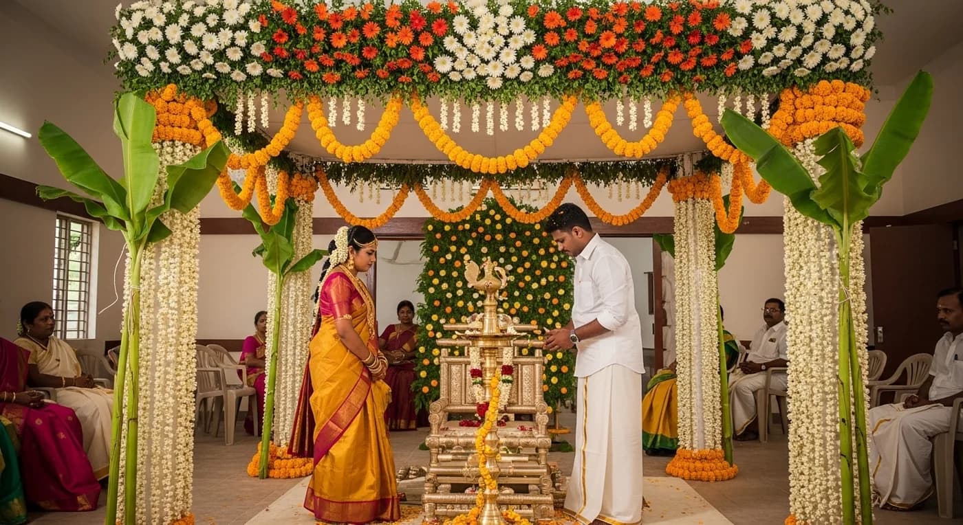 Traditional Kerala Ezhava wedding ceremony at a community hall with floral mandapam decorations