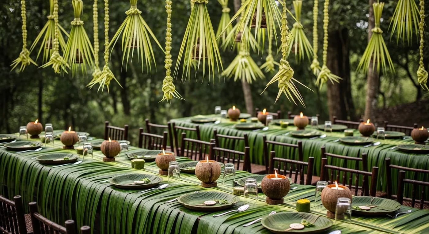Beautifully decorated Kerala wedding mandap using local flowers and sustainable materials